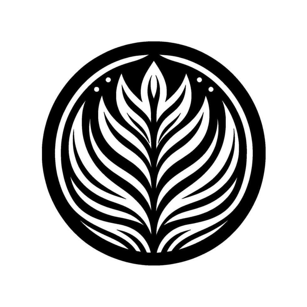 Symmetrical black and white circular featuring stylized leaf motif with layered segments, encircled by a thick border and dotted accents, evoking a modern minimalist aesthetic. vector