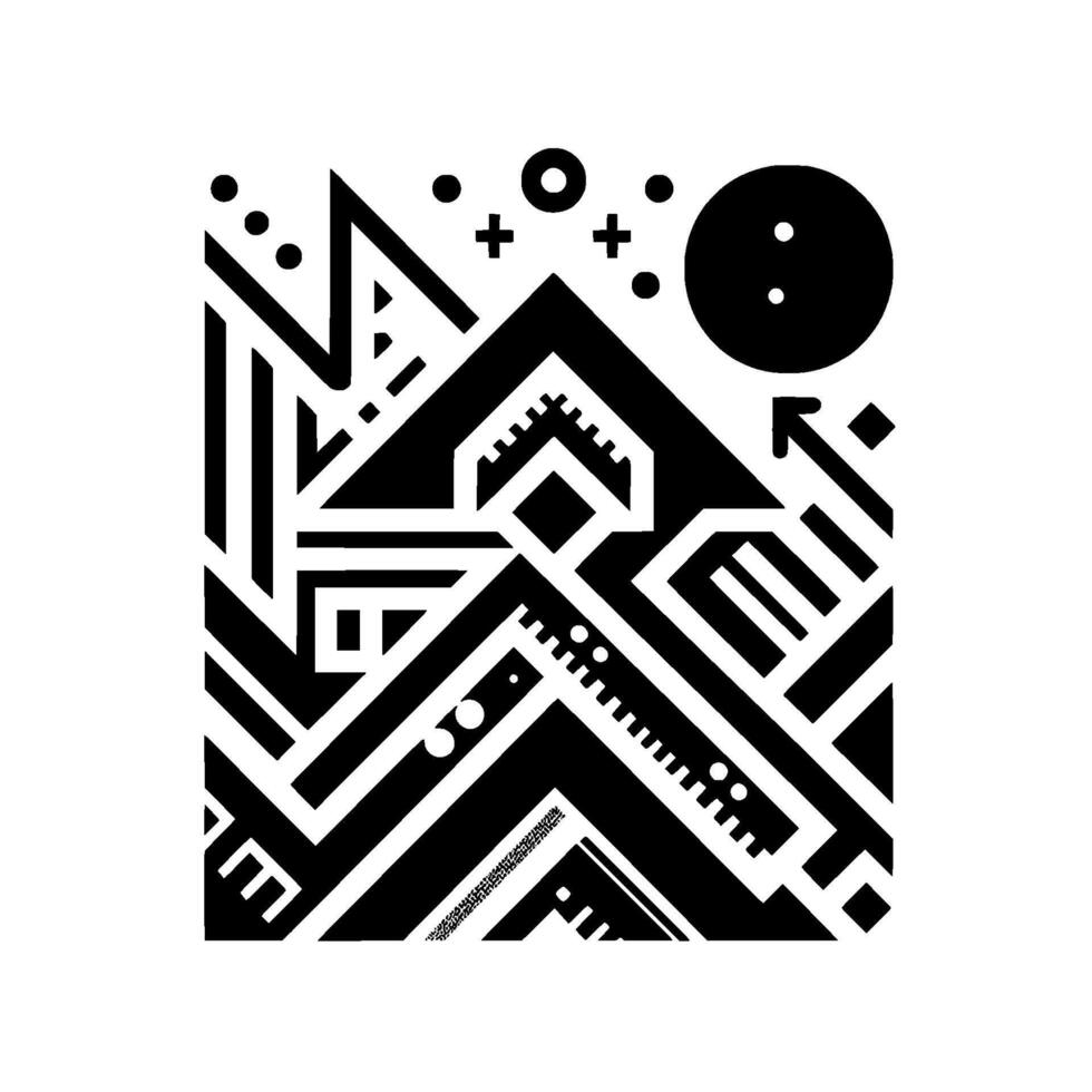 A Minimalist Monochrome Geometric Composition Depicting Abstract Landscape Elements with Mountain Forms, Celestial Bodies, and Linear Designs. vector