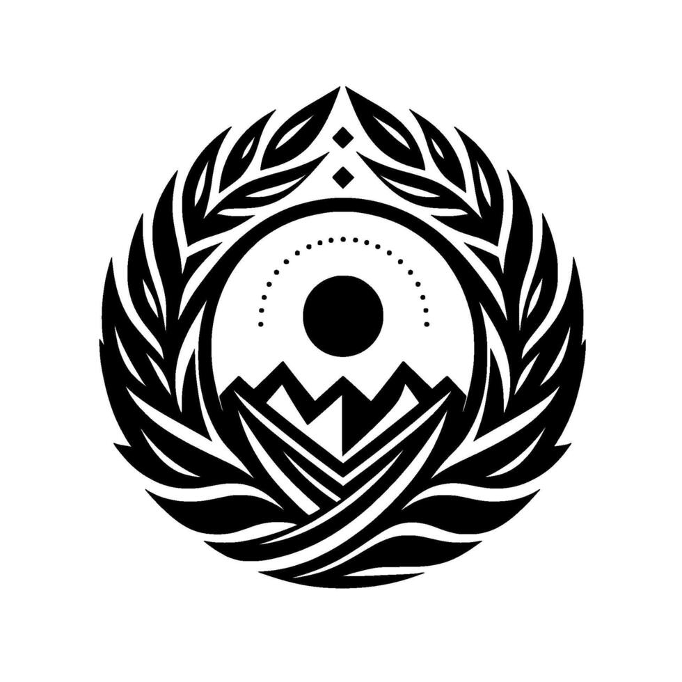 A symmetrical black and white tribal featuring a central circle with a sun, flanked by mountains and encircled with leaves, evoking a sense of nature, balance and harmony. vector