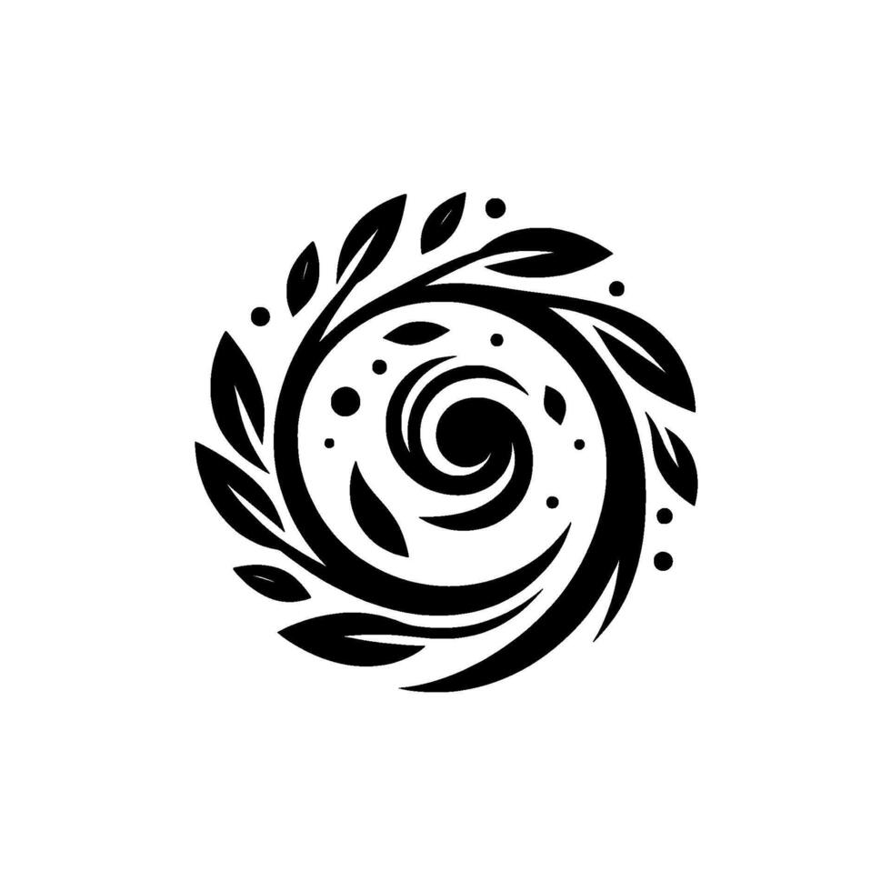 Black and white circular featuring an intricate spiral of leaves and organic forms, suggesting growth and harmony against a clean white backdrop. vector