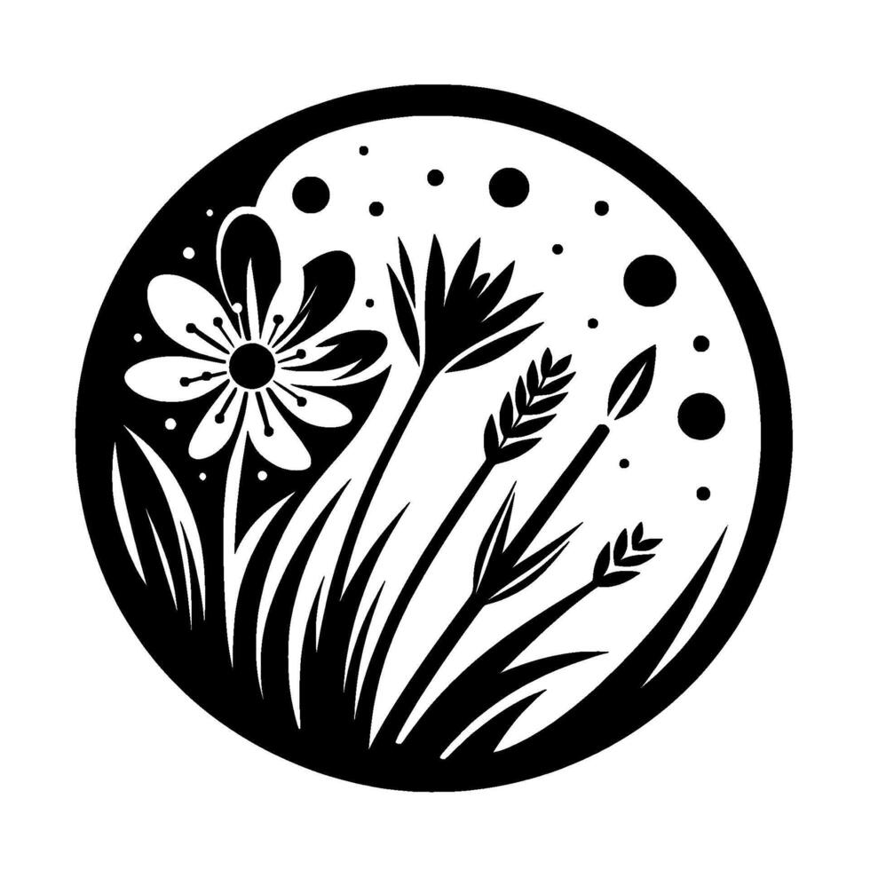 Stylized Black and White Floral Composition Inside a Circle, Featuring a Large Daisy, Tall Grasses, and Detailed Botanical Elements. vector