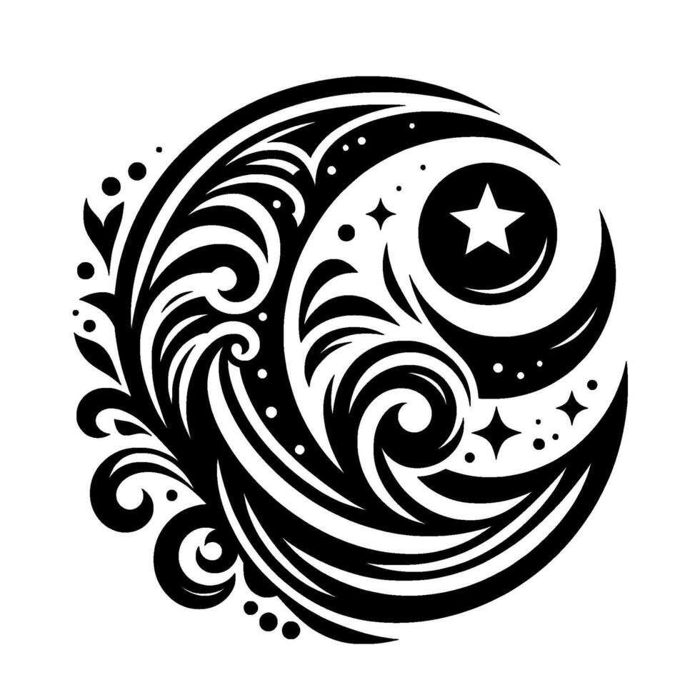 Monochrome Celestial Emblem Intricate merging crescent moons, stars, and ornate swirling patterns, creating a symmetrical, elegant illustration. vector