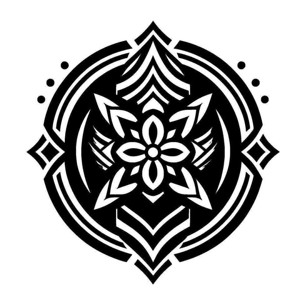 Intricate Black and White Geometric Floral Mandala with Symmetrical Details and Ornamental Accents on a White Background. vector