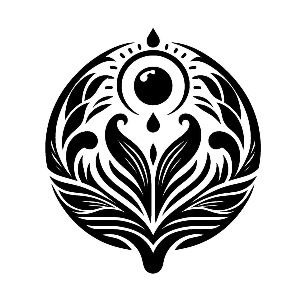 Intricate black and white circular illustration featuring an eye within a circle, surrounded by floral and stylized leaf elements, with teardrop accents. vector
