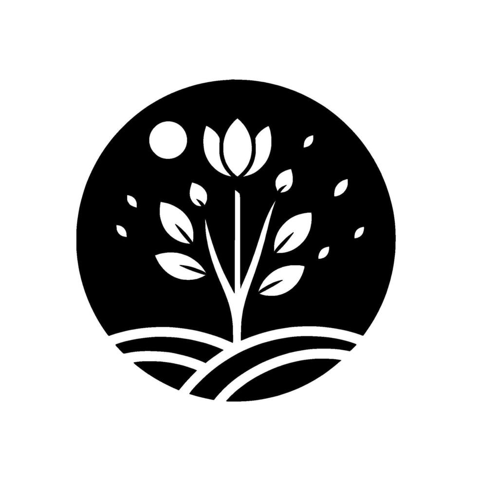 Monochromatic botanical illustration featuring a stylized tree with a lotuslike bloom within a circular frame, suggesting night, and a minimalist landscape. vector