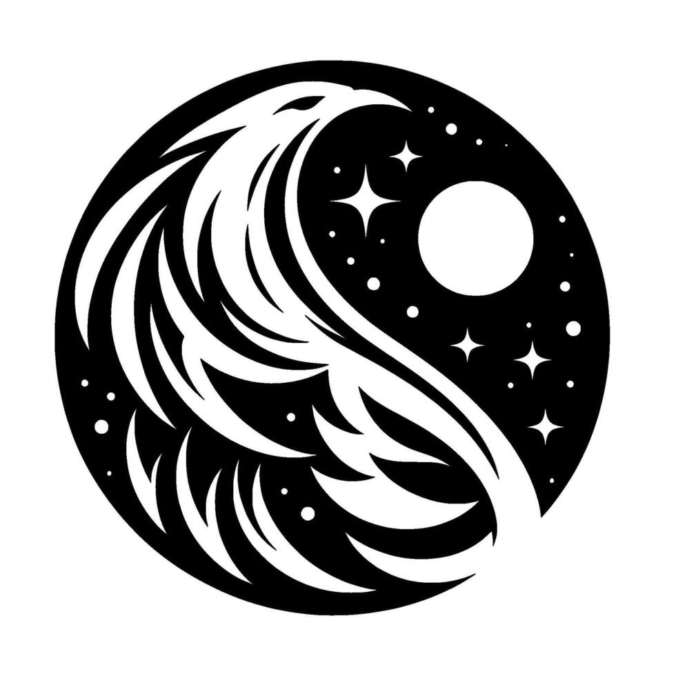 A stylized black and white YinYang composition, featuring a celestial raven silhouette morphing into a featherlike design, contrasted with stars and a full moon against a night sky. vector
