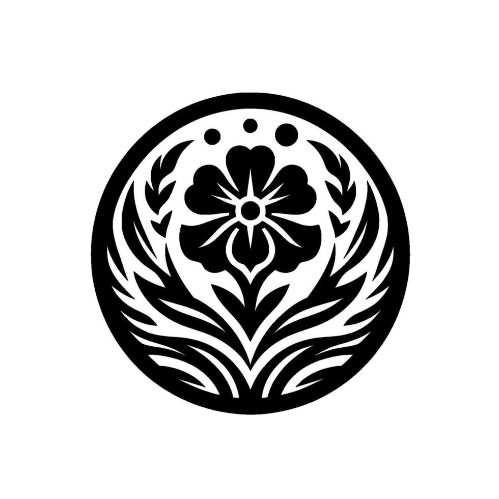 Intricate Black and White Floral Motif A symmetrical, stylized featuring a central flower, surrounded by leaves and enclosed in a perfect circle, set against a pristine white backdrop. vector