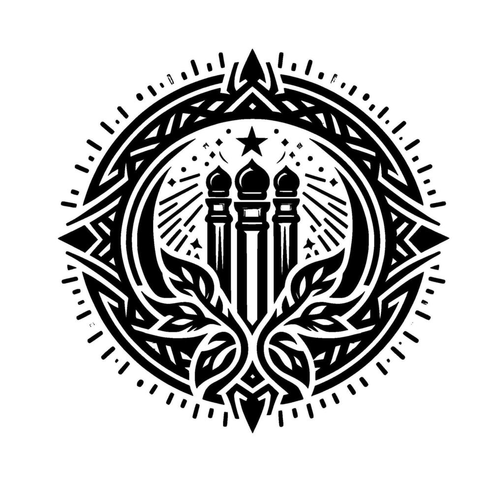 Intricate Black and White Islamic Design Mosque Minarets, Star, and Leaf Motif within a Circular, Geometric Frame. vector