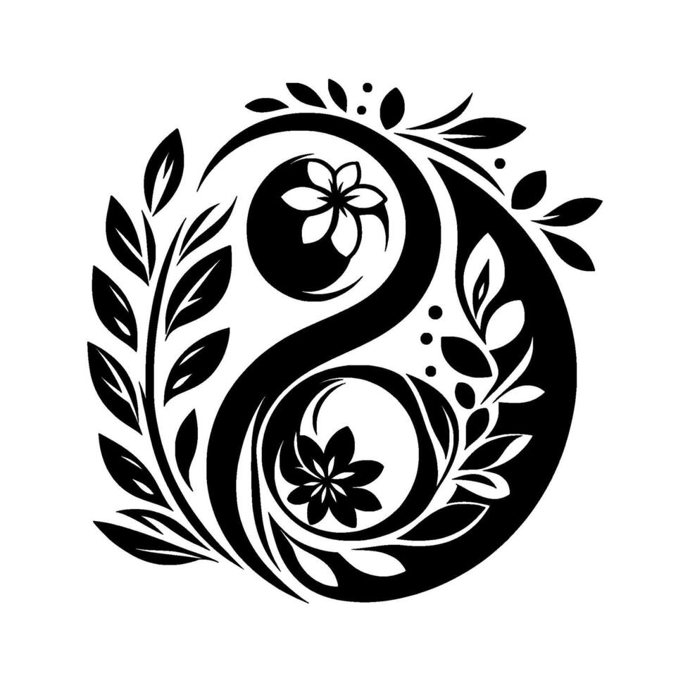 Elegant Yin Yang Composition Floral Yin Yang emblem in black and white, balanced with leaf and flower flourishes, evoking harmony and natural beauty, set against a clean, minimalist background. vector
