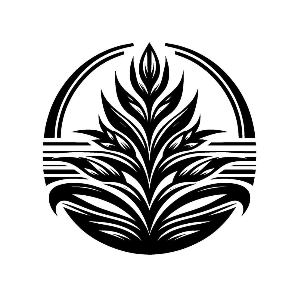 Elegant Black White Floral Enclosed in a Circular Frame, Featuring Detailed Leaves and a Harmonious Geometric Composition. vector