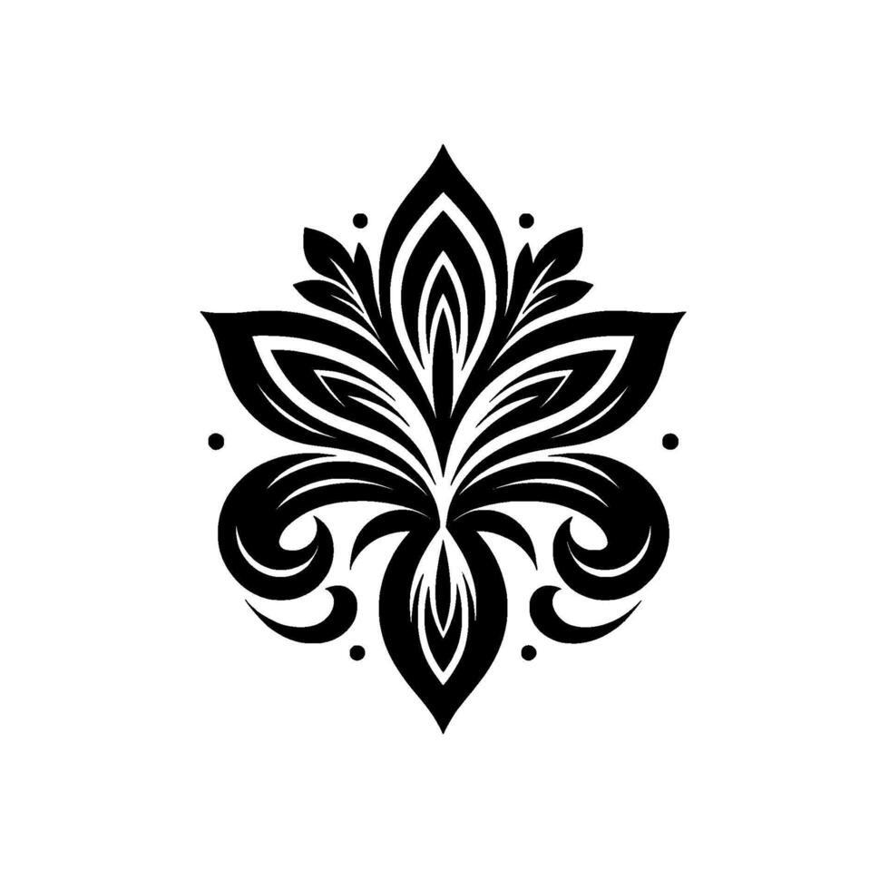 Elegant Black and White Floral Ornament A symmetrical botanical featuring stylized leaves, flowing curves, and dot accents, evoking a sense of sophistication. vector