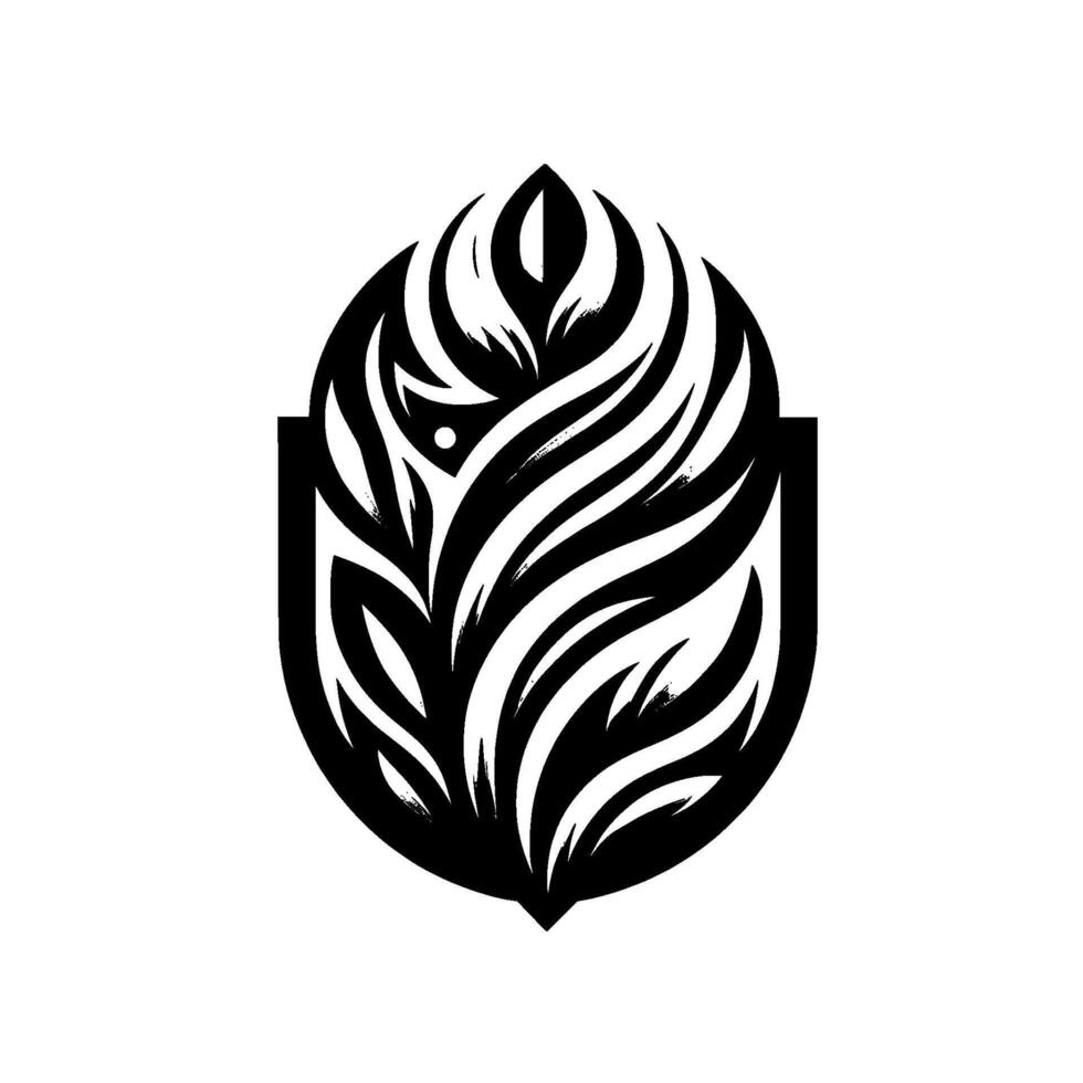 A symmetrical emblem featuring a stylized, organic of leaves and flowing lines within a shield, rendered in grayscale. vector