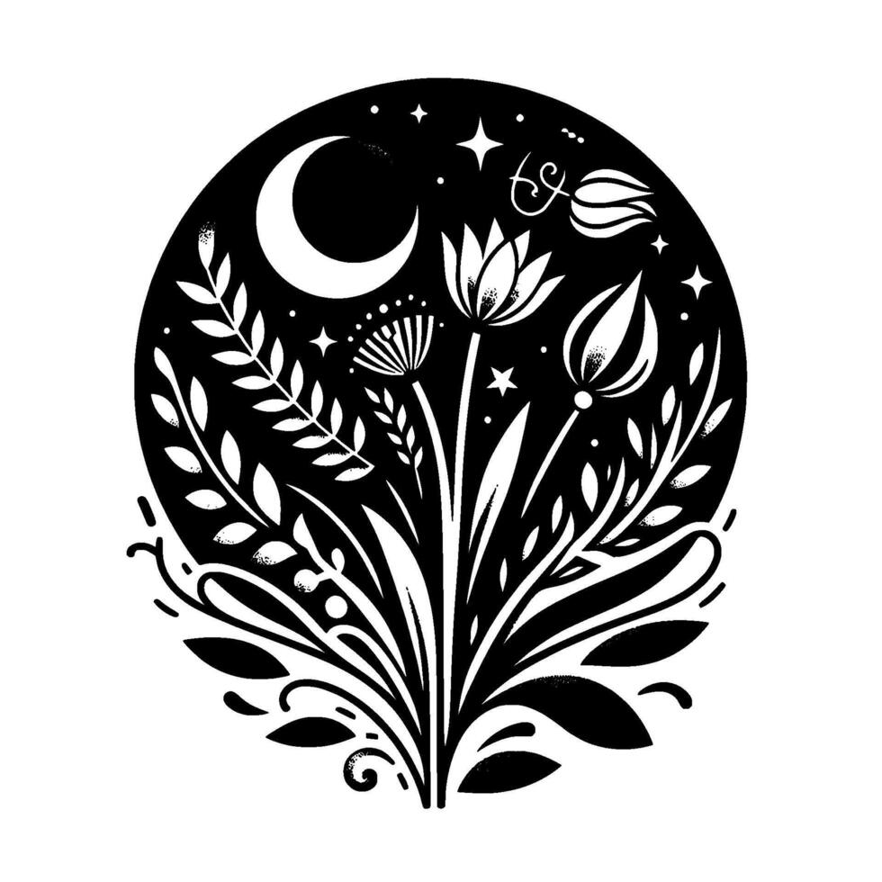 A stylized, black and white celestial botanical composition set within a circle, featuring a crescent moon, stars, and flowering plants. vector