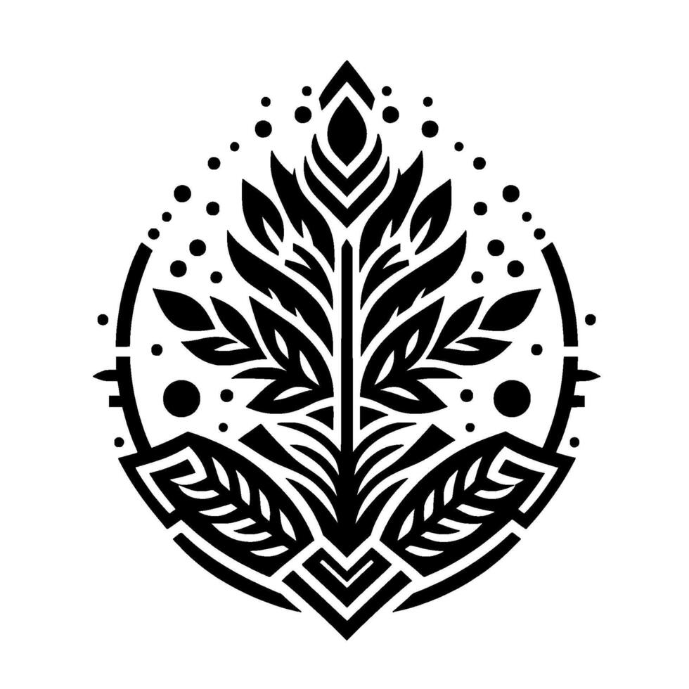 Intricate Black and White Geometric Botanical within a teardropshaped frame, featuring symmetrical leaf patterns and dotted accents. vector