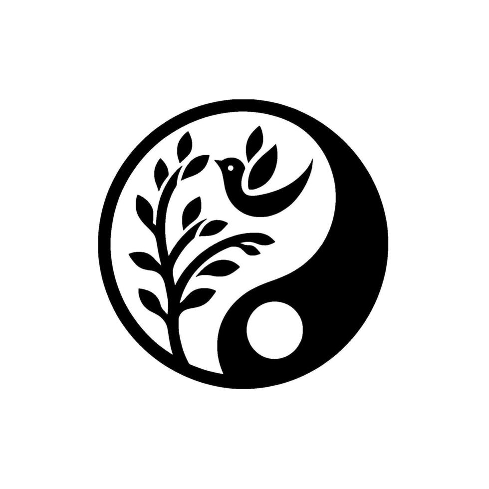 Yin Yang symbol incorporating a stylized tree with leaves and a bird flying within the white space, on a minimalist white backdrop. vector