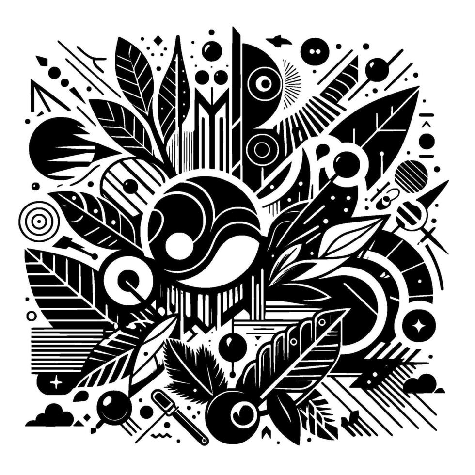 A monochrome, art decoinspired botanical composition featuring stylized leaves, geometric shapes, and a central yinyang element. vector