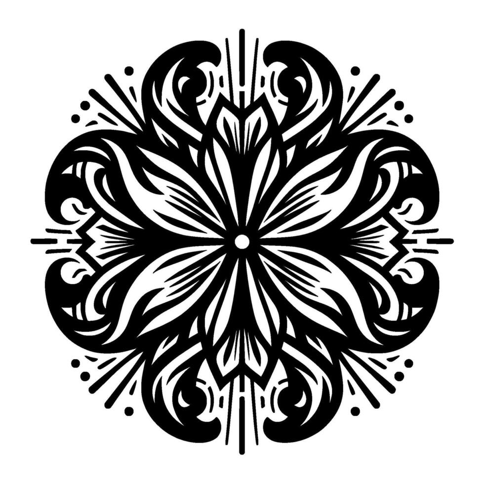 Intricate Black and White Mandala A symmetrical floral with layered petallike shapes, swirling details, and radiating accents, creating a visually balanced and decorative composition. vector