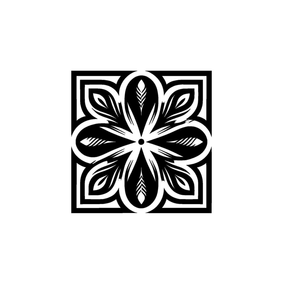 Geometric Black and White Floral Within a Square Frame, Featuring Detailed Petal Shapes, Leaves, and a Central Dot. vector