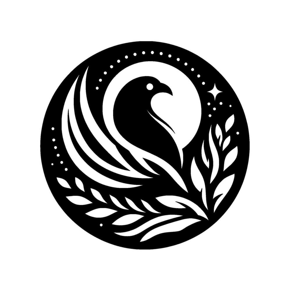 Serene Black and White Emblem Silhouette of a Bird in a Celestial Circle, with Moon, Stars, and Botanical Elements. vector