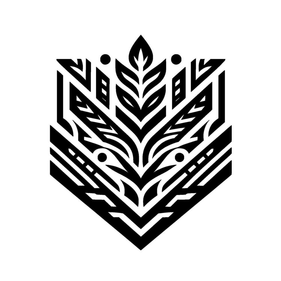 A symmetrical black and white geometric tribal with a central leaflike element, featuring sharp angles and dot accents against a plain white background. vector