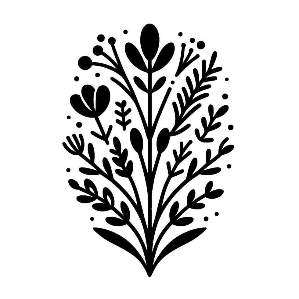 Stylized Black and White Floral Illustration An OvalShaped Composition of Leaves, Berries, and Abstract Blossoms in a Minimalist Design. vector