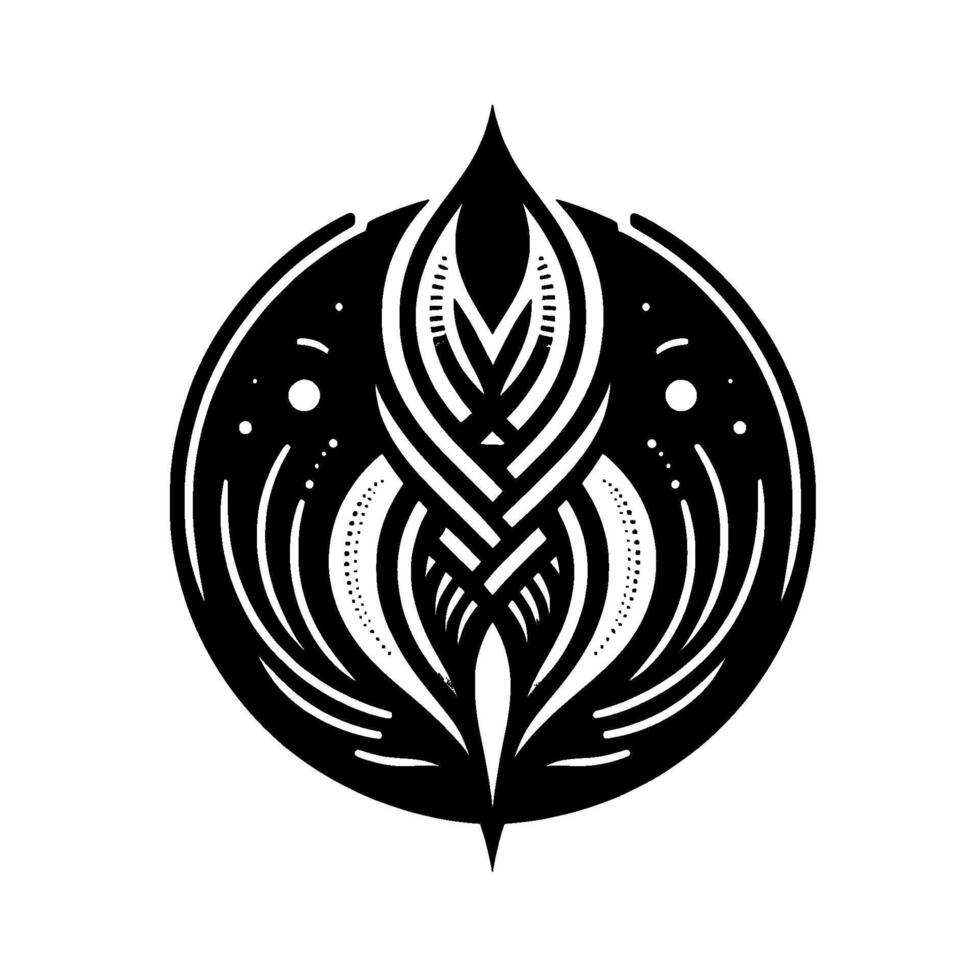 Intricate, symmetrical black and white featuring a stylized organic form within a circle, suggestive of growth and interwoven patterns with dot embellishments. vector