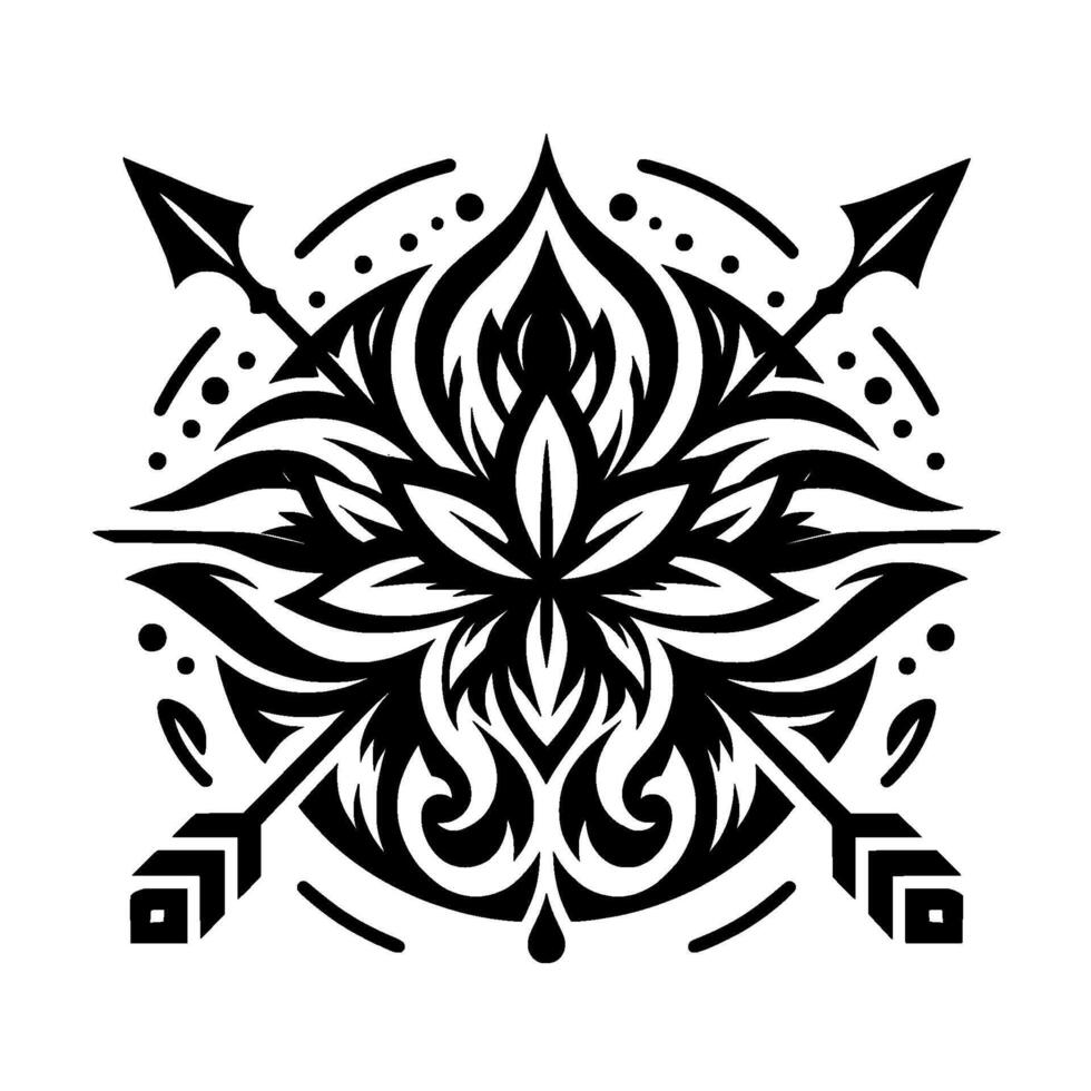 Intricate Black and White Mandala Featuring a Floral Center, Crossed Arrows, and Geometric Accents on a Clean White Background. vector