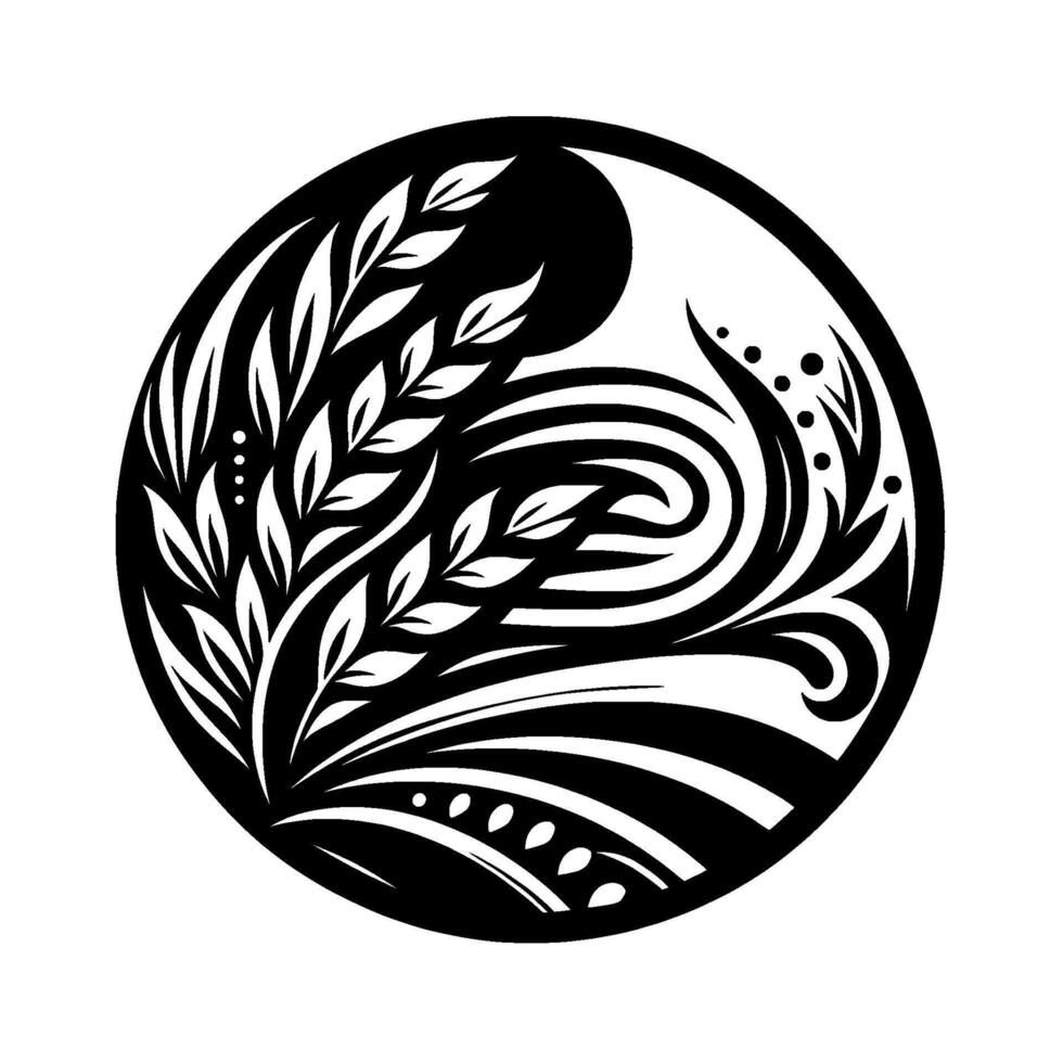 A stylized, monochromatic circular featuring symmetrical foliage, swirling lines, and dot accents, evoking a sense of organic elegance and balance. vector