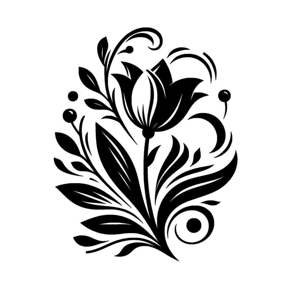 Elegant Black and White Floral Silhouette A Stylized Tulip with Leafy Embellishments and Ornate Curlicues on a White Background. vector
