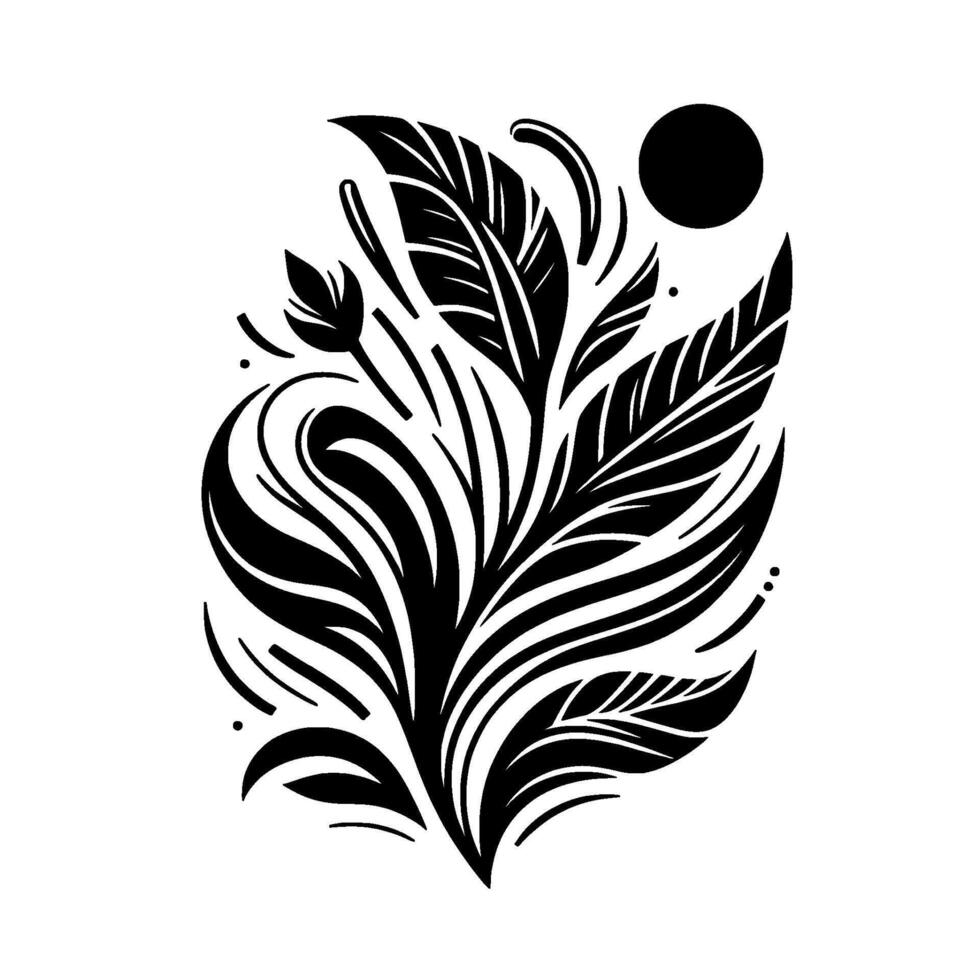 Abstract Black and White Botanical Composition with Stylized Leaves, Swirls, and a Dot, Presented on a Clean White Background vector