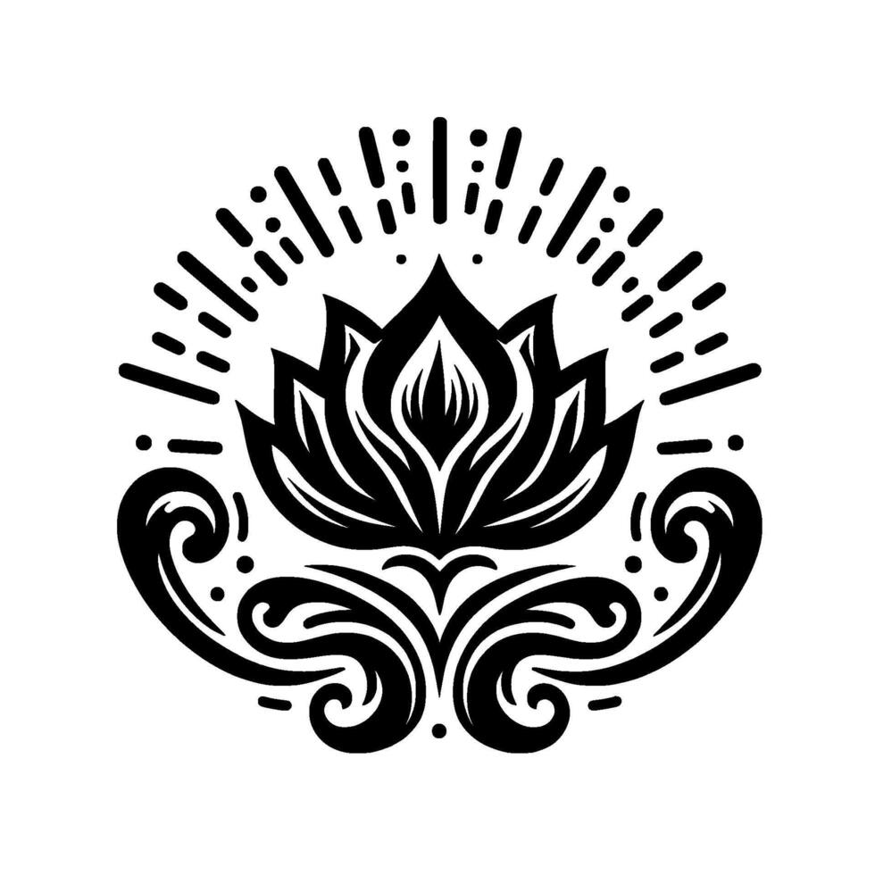 Intricate Black and White Lotus Mandala A symmetrical, stylized floral with radiating beams and ornamental scrolls, conveying serenity and spiritual significance. vector