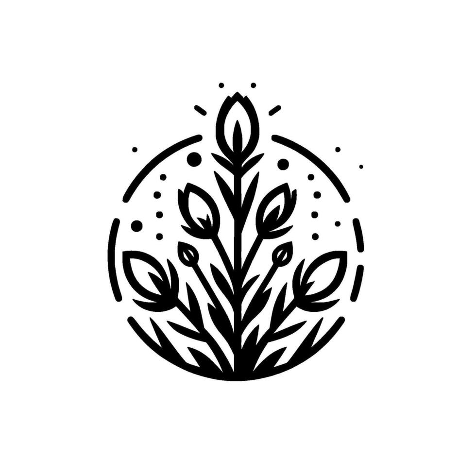 Monochromatic Floral Emblem A stylized black and white circular featuring a bouquet of tuliplike flowers encircled by a dotted border. vector