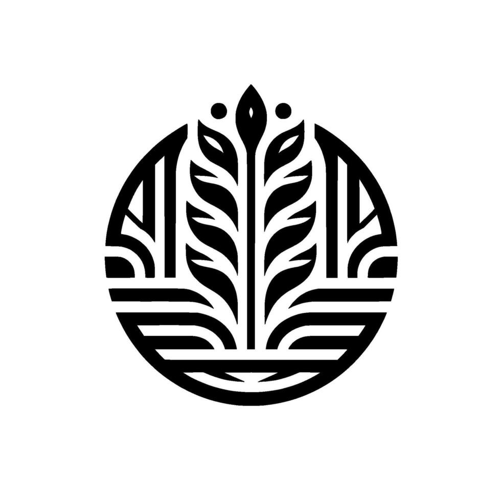 A stylized, symmetrical black and white emblem featuring a central plantlike form, framed by a circular border with geometric elements, evoking growth and balance. vector
