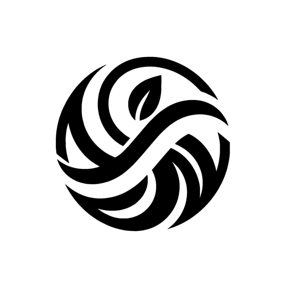 A minimalist, abstract featuring a black swirling within a circle, incorporating a stylized leaf element on a white background, conveying harmony. vector