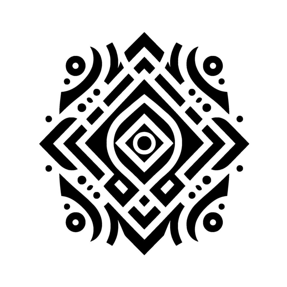 Symmetrical Black and White Geometric Mandala with concentric diamond shapes, circles, and line patterns on a white background. vector