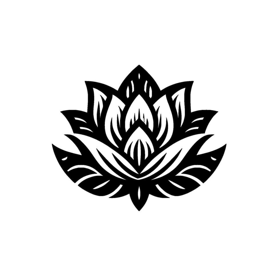 Elegant Black and White Lotus Flower Illustration with Detailed Petals, Symbolizing Purity, Peace, and Enlightenment, Isolated on White. vector