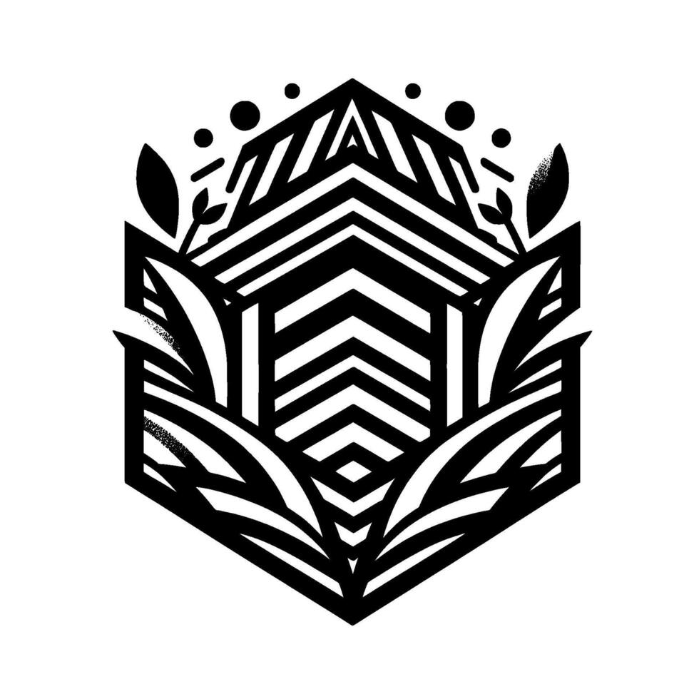 Geometric monochrome emblem, featuring a stylized hexagon with layered architectural patterns and organic leaf accents. vector