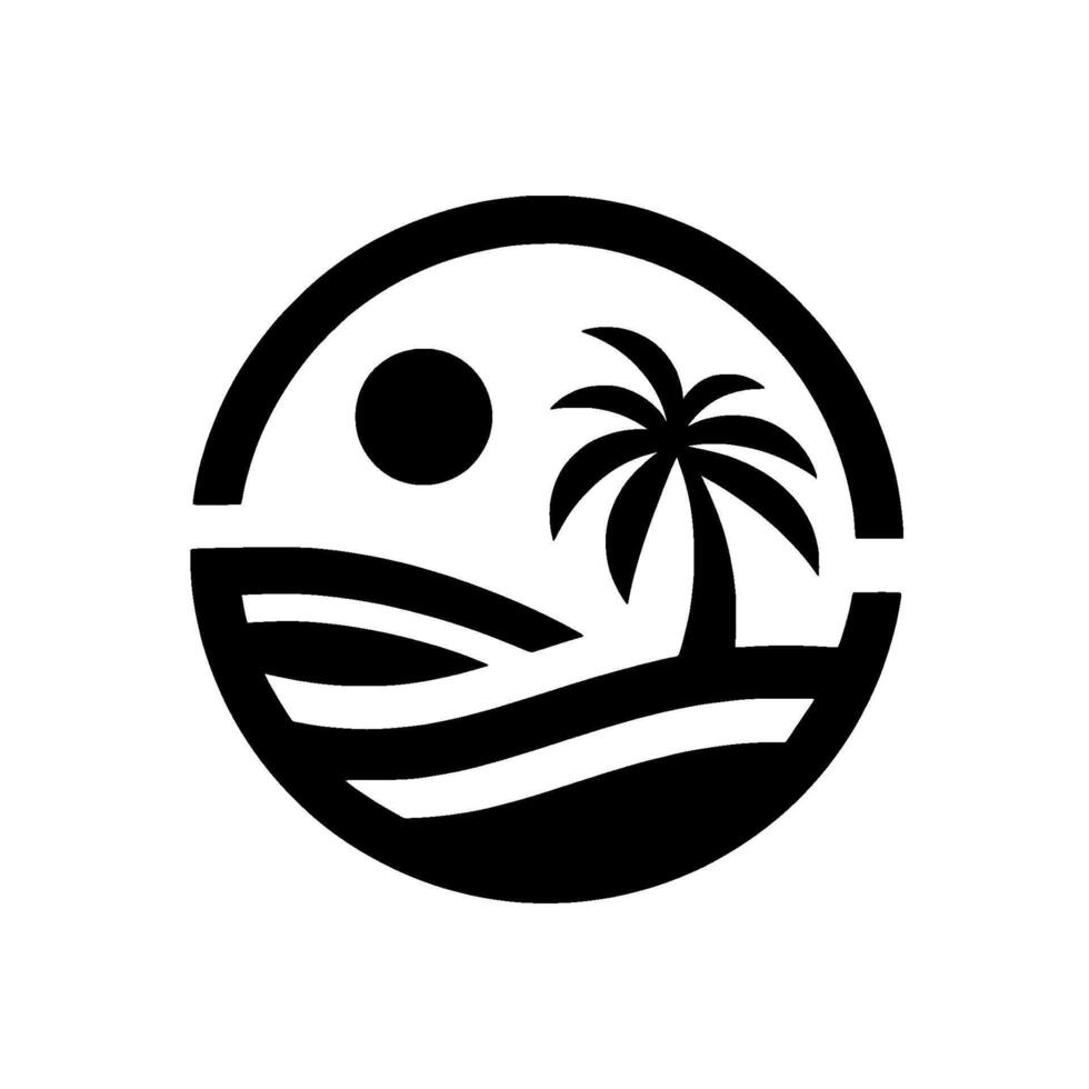 Minimalist Black and White Depicting a Tropical Island Scene Palm Tree, Sun, and Rolling Hills Within a Circular Frame vector
