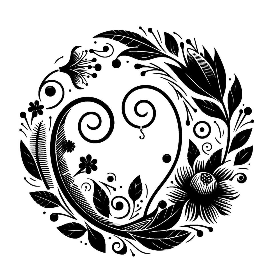 Intricate Black and White Floral HeartShaped with Swirls, Leaves, Flowers, and Dots on a White Background, Representing Love and Nature. vector