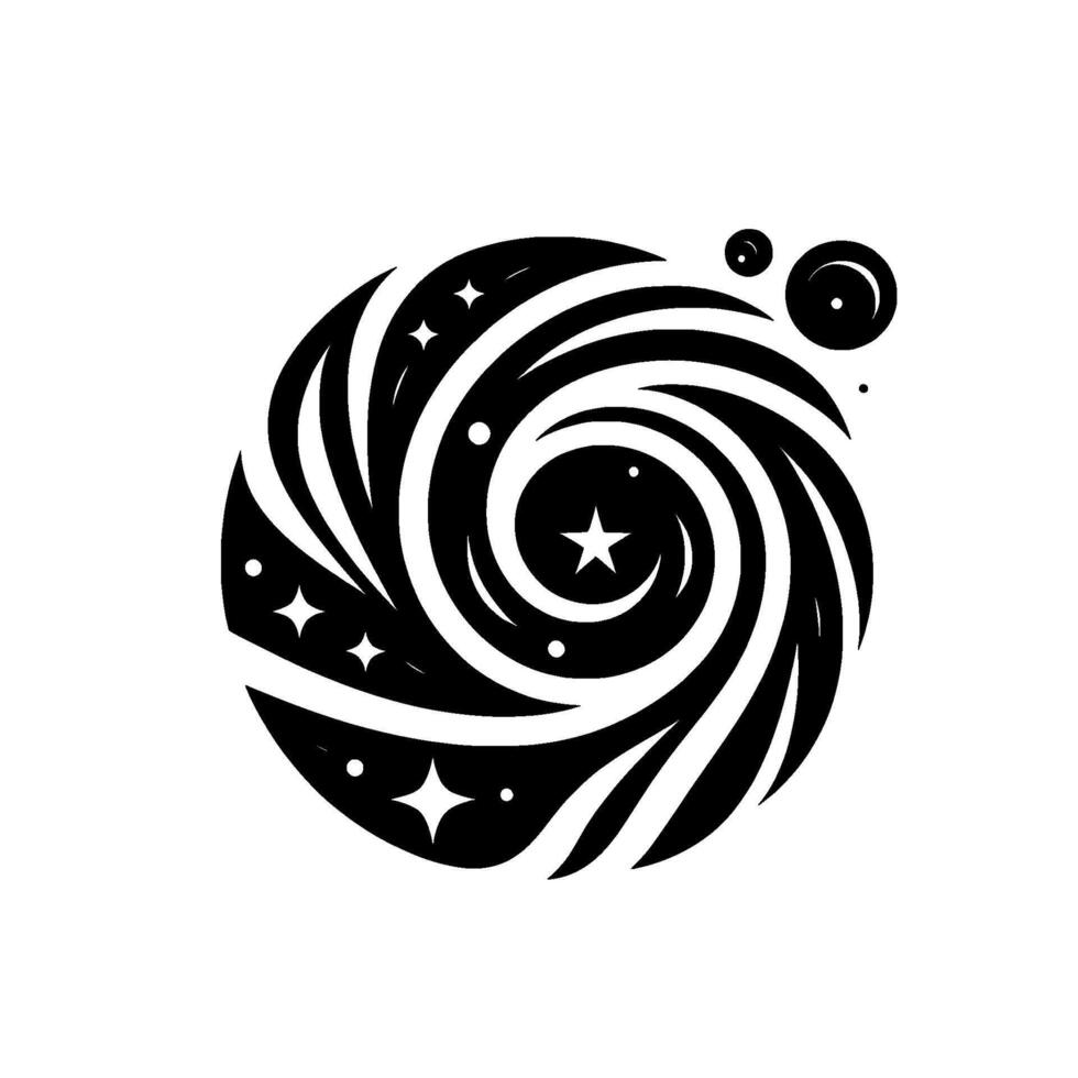 A monochrome illustration depicting a swirling celestial body with a star and stars, creating a cosmic with circular, abstract shapes and textures. vector