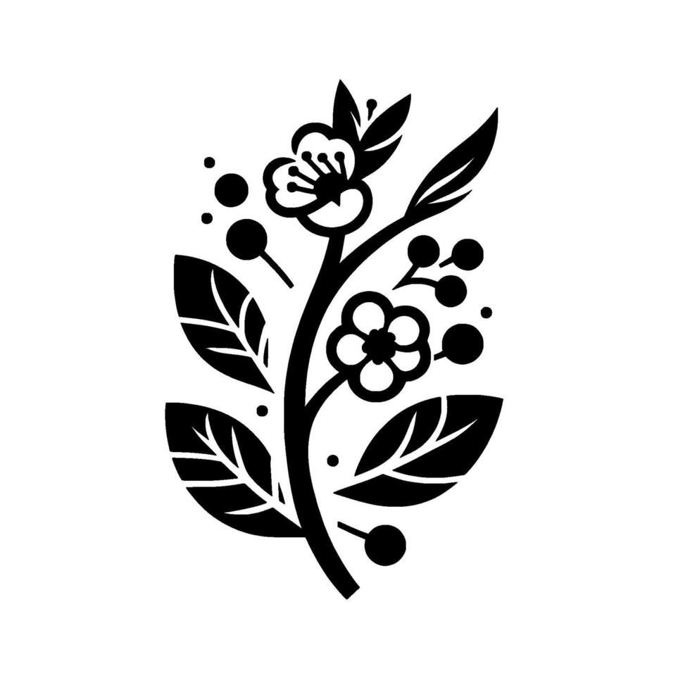Elegant Black and White Floral Design A stylized branch with flowers, leaves, and berries, exuding simplicity and natures grace on a white backdrop. vector
