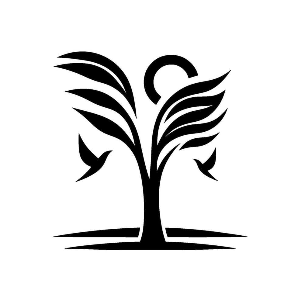 Minimalist black and white emblem featuring a stylized tree with leaves, a partial sun, and birds, symbolizing growth and freedom. vector