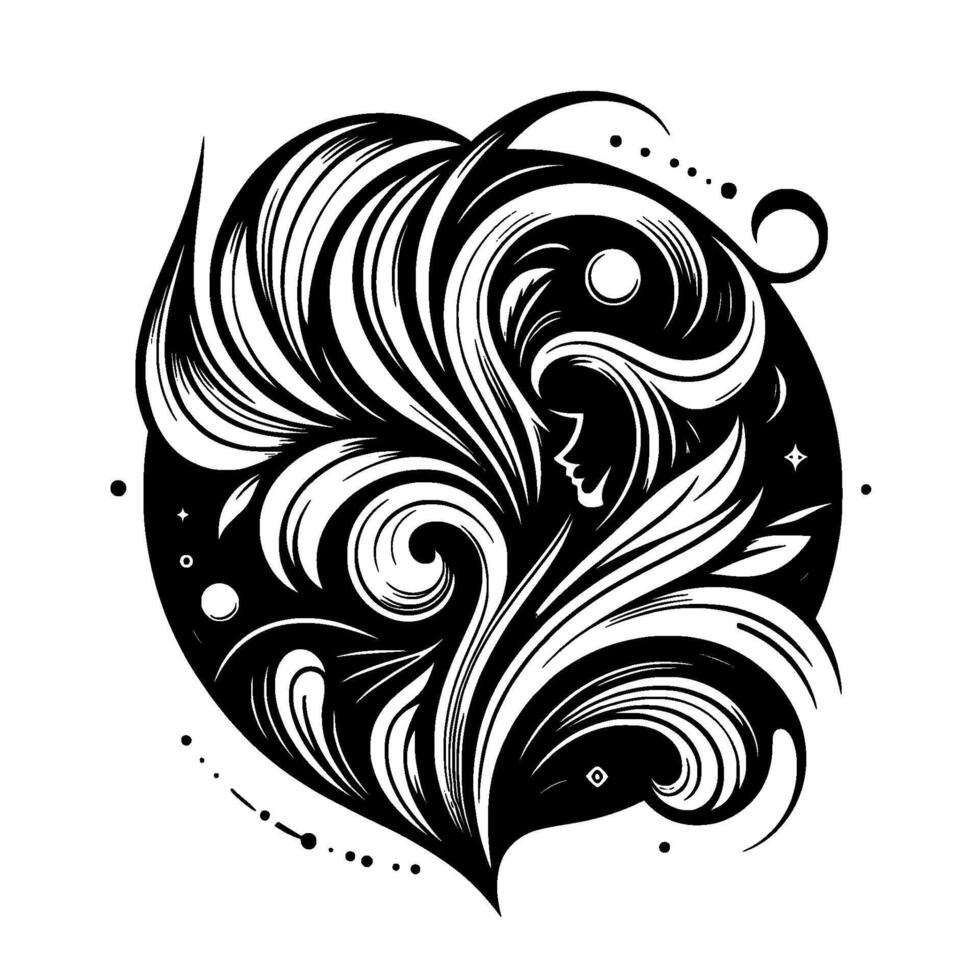 Elegant Black and White Ornamental Illustration Featuring a Womans Silhouette within a Floral and Swirling Design, Enclosed in a Circular Shape with Cosmic Elements. vector
