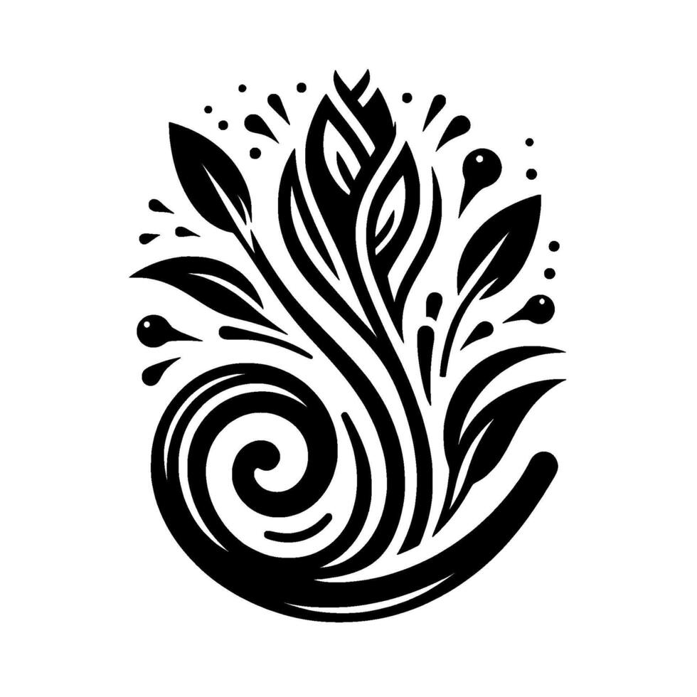 Monochromatic stylized botanical with spiral base, leaves, and floral accents, on a white background. vector