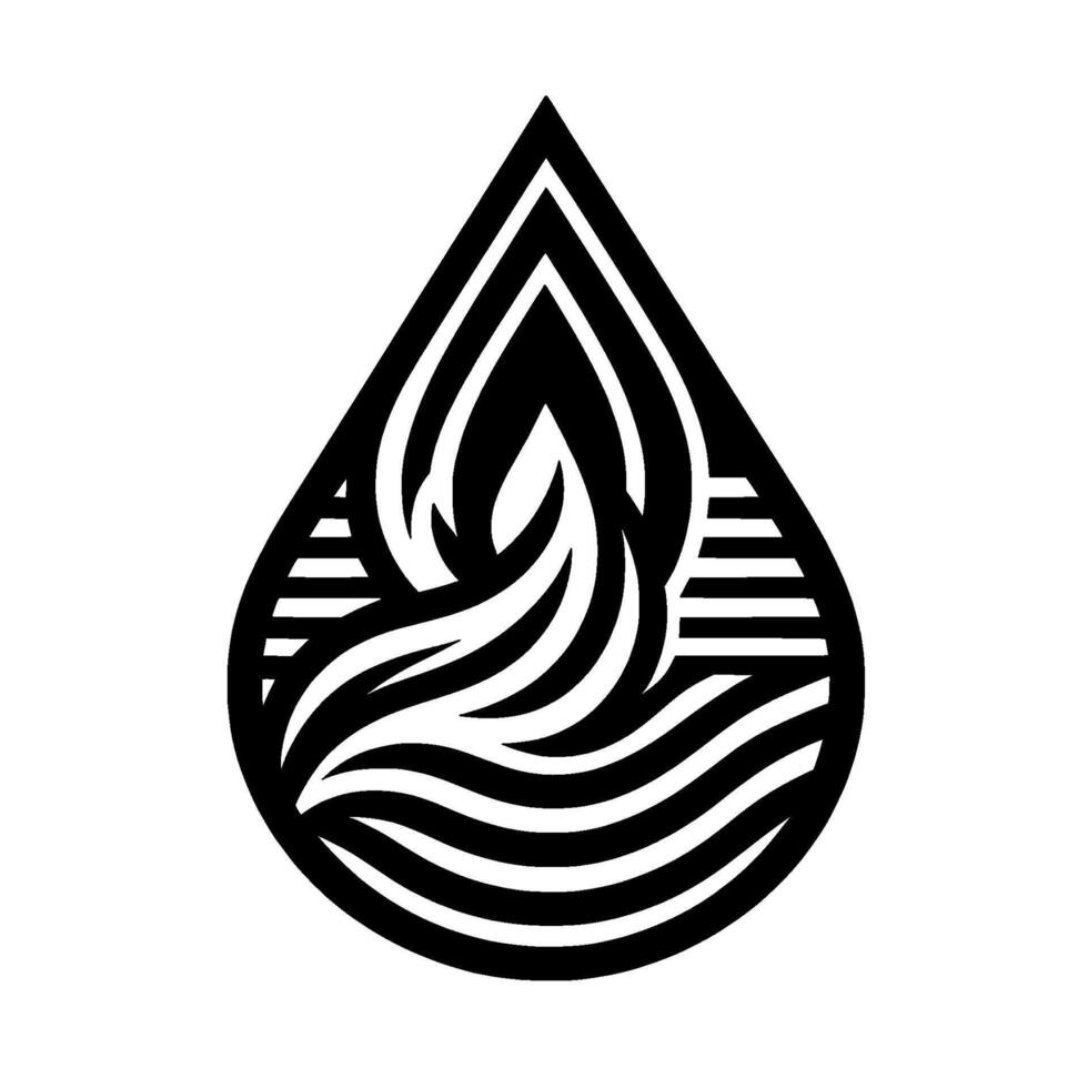 Intricate Black and White Teardrop Logo A stylized featuring a flamelike center, flowing lines, and geometric elements, symbolizing water and potential. vector
