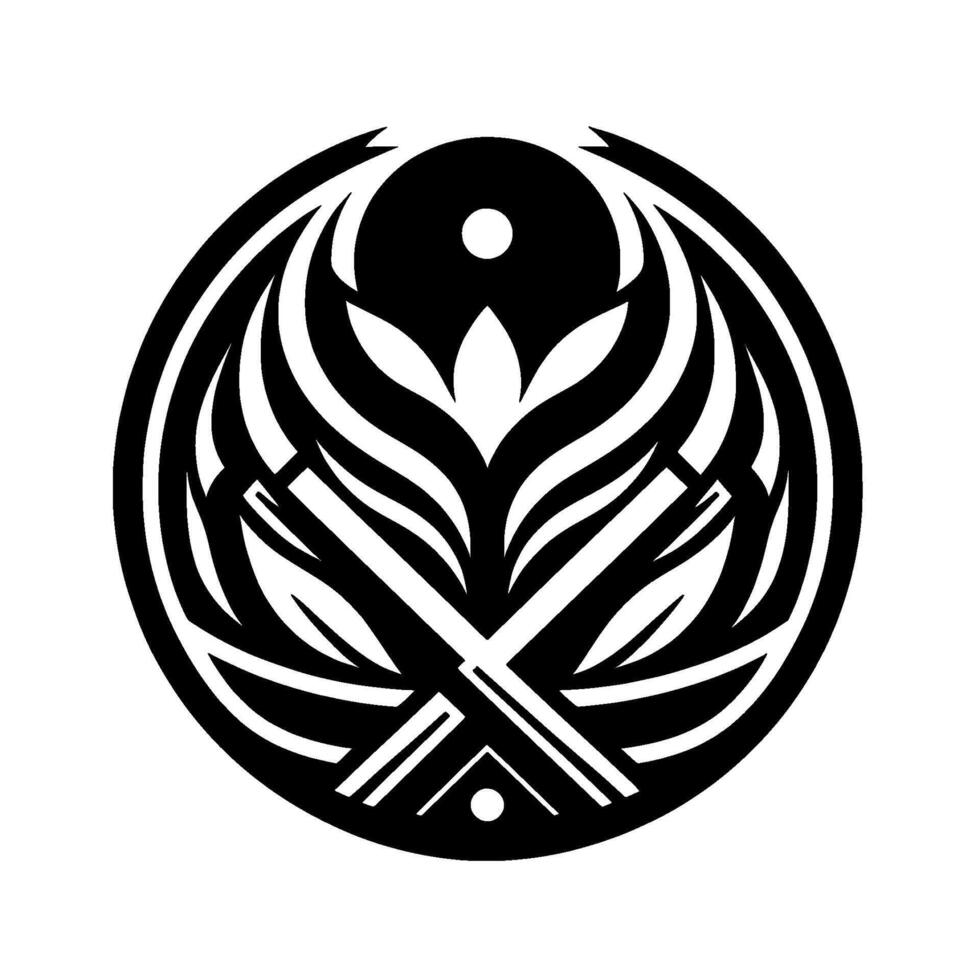 A symmetrical, black and white emblem with a central floral design, crossed lines, and dots, contained within a circle, against a stark white backdrop. vector