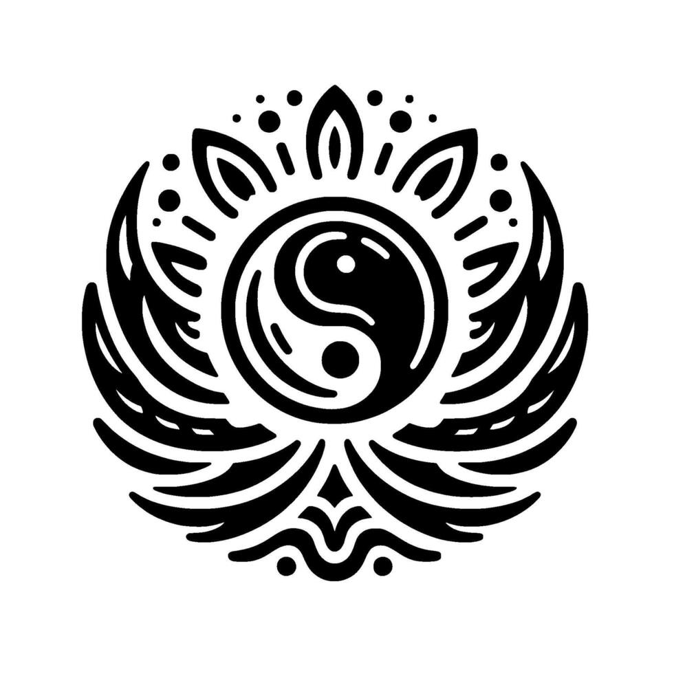 A symmetrical black and white featuring a Yin Yang symbol at the center, encircled by stylized wings and decorative elements evoking balance and harmony. vector
