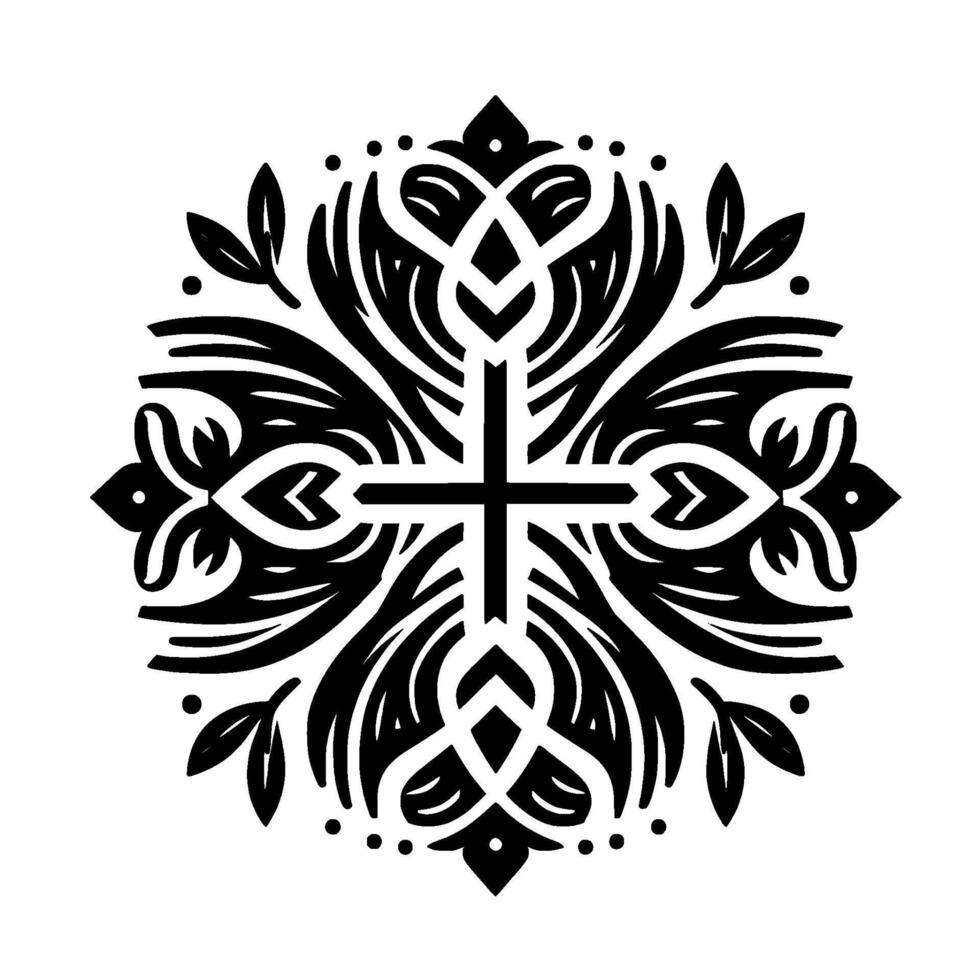 Symmetrical Black and White Illustration of a Floral Cross Motif with Ornamental Leaves and Decorative Elements. vector
