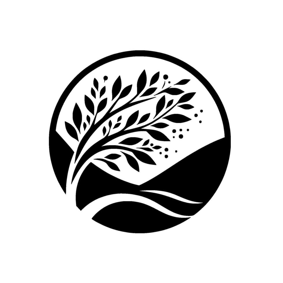 Black and White Minimalist Logo A stylized tree with leaves and berries inside a circular frame, with rolling hills and a simplified landscape. vector