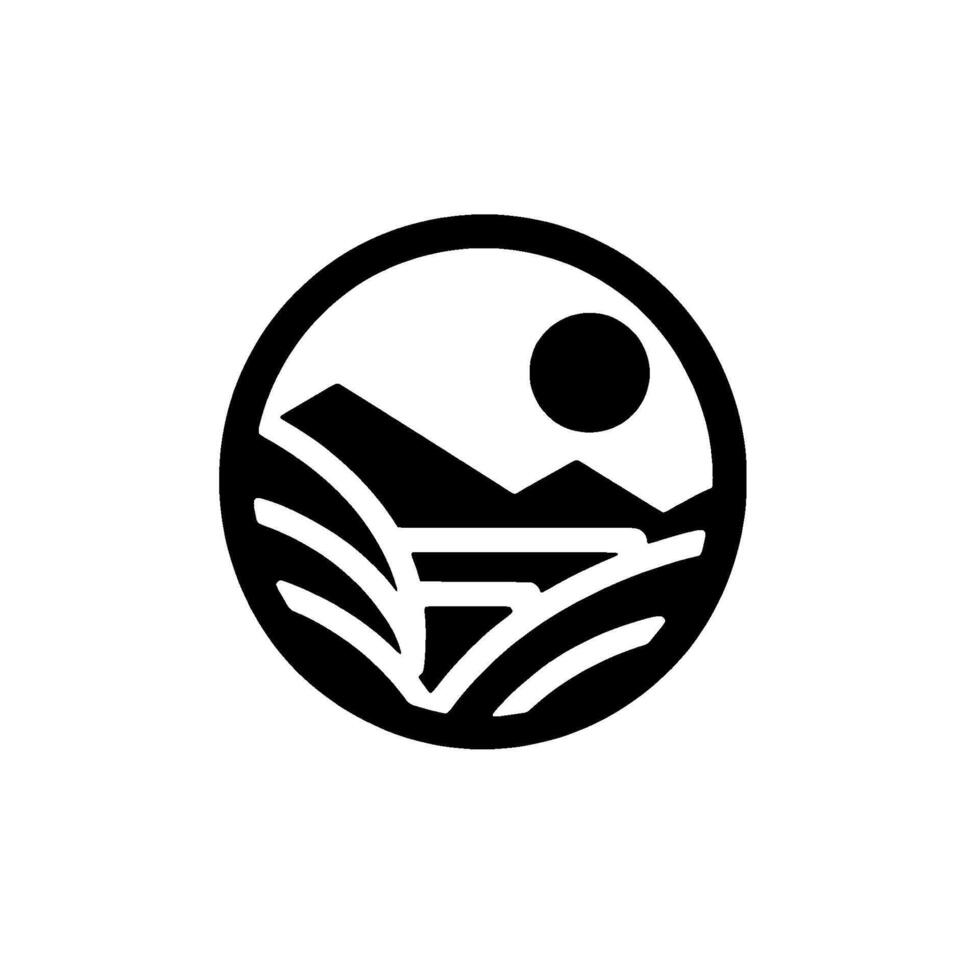 Minimalist Circular Logo Black and White Landscape Depicting Mountains, Sun, and Field of Wheat or Grain vector